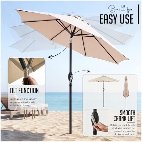 SG 2.7m Garden Parasol Umbrella Sun Shade Water Repellent Polyester UV 30+180 GSM Umbrella Easy To Open And Close Crank Handle And Tilt Waterproof UV Protection Parasol For Outdoor Beach
