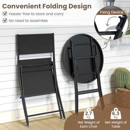 Folding Patio Bistro Set - Tempered Glass Round Table with 2 Fabric Chairs - Metal Frame Garden Dining Furniture for Outdoor Use