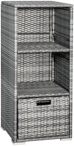 Greesum Rattan Storage Shed, Outdoor Towel Rack with 2 Storage Shelves & 1 Bottom Drawer, Suitable for Pool Patio Garden Deck, Grey