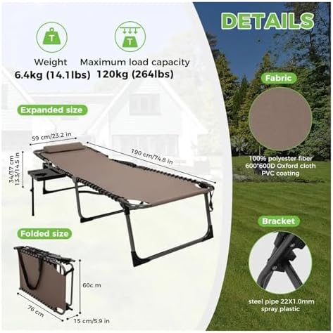 Lounge Folding Sun Lounger Folding Chaise Lounge Chair for Outside Beach, Sunbathing, Patio, Pool, Lawn, Deck, Lay Flat Camping Reclining Lounge(Beige-1 Pack)
