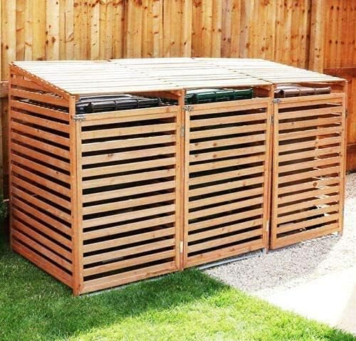 Triple Wheelie Bin Storage Hideaway Wooden Store Cover Garden Rubbish Dustbin Conceals Three (3) 240L Compartments - 2021 Model