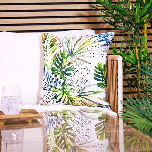 Bean Bag Bazaar Outdoor Cushions Filled, Wild Collection, Decorative Palm Print, Set of 4, 43cm x 43cm, Water Resistant, Outdoor Cushions for Garden Furniture, Garden, Patio