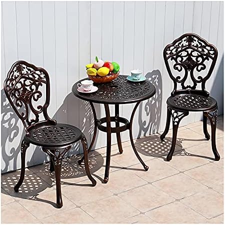 Patio Bistro Set w/Umbrella Hole - Outdoor Cast Aluminum Furniture Set 3 Piece Table and Chairs - Orchid Carving and Weather Resistant-Antique Bronze