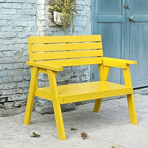 This Yellow Wooden Garden Bench Loveseat Chair with Backrest & Armrests, 2-3 Seater Slatted Design Outdoor Patio Furniture for Balcony, Deck, Porch & Park - Modern Rustic Yard Accent