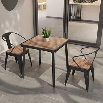 3-Piece Outdoor Dining Set Square Table And 2 Chairs For Garden Patio Yard Pub Use Rustic Wood Metal Design(Brown+White-3 Pcs Set,55" L)