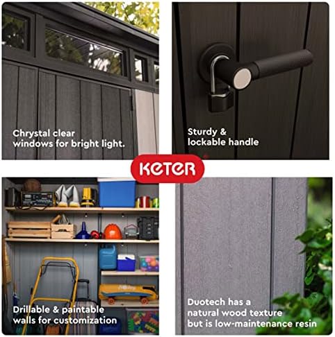 Keter Artisan 8x7 All Season Storage Shed with Clear Windows, Built-in Ventilation, Customizable Walls and Lockable Double Doors, Grey