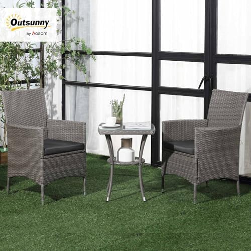 Outsunny 3 Pieces Rattan Bistro Set, Wicker Garden Furniture Set with 2-Tier Coffee Table and Chairs, Washable Cushions, for Outdoor Patio Balcony, Grey