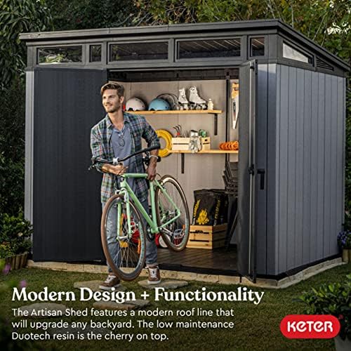 Keter Artisan 8x7 All Season Storage Shed with Clear Windows, Built-in Ventilation, Customizable Walls and Lockable Double Doors, Grey