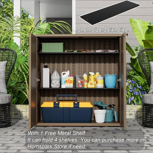HOMSPARK Storage Shed Weather Resistance, Multi-Purpose Outdoor Storage Cabinet for Backyards and Patios, Horizontal Storage Shed for Lawnmower, Patio Accessories (Coffee $, 10 cu.ft)