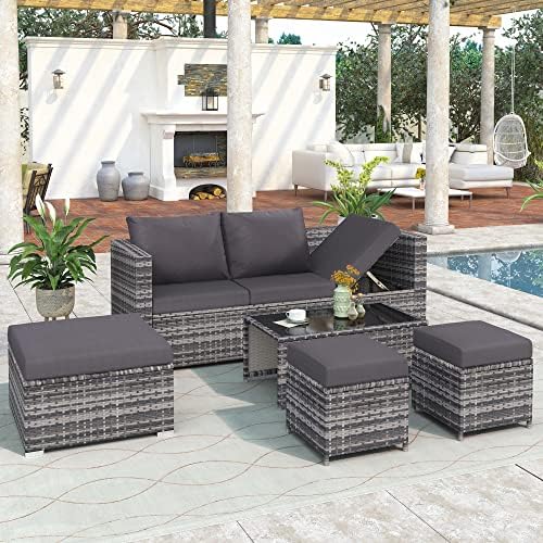 6 Seater Rattan Sofa Set, Garden Furniture, Glass Top Coffee Table Mat with Washable Seat Cushion