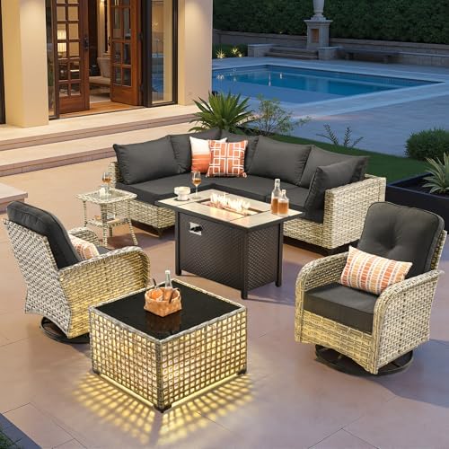 Outdoor Sectional Patio Furniture Set with Fire Pit Table,9 Pieces Rattan Wicker Conversation Sets L Shaped Couch,Outside Furniture with Swivel Chairs Glowing Coffee Table,Black