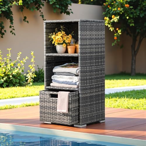 Greesum Rattan Storage Shed, Outdoor Towel Rack with 2 Storage Shelves & 1 Bottom Drawer, Suitable for Pool Patio Garden Deck, Grey