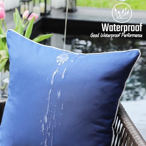 JOJOGOGO Blue Outdoor Waterproof Sun Fade Resistant Lumbar Pillow Covers 12x20 Set of 2, Navy Outdoor Lumbar Pillows Cushion Covers 12 x 20 for Patio Furniture Hammock (with White Piping)