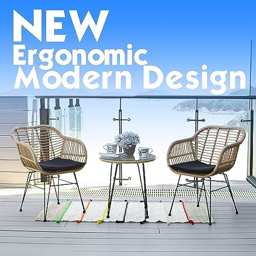 Lima 3-Piece Natural PE Rattan Outdoor Set with 2 Single Chairs with Cushions and Side Table with Glass Top, Jet Black Removable Cushions Cover