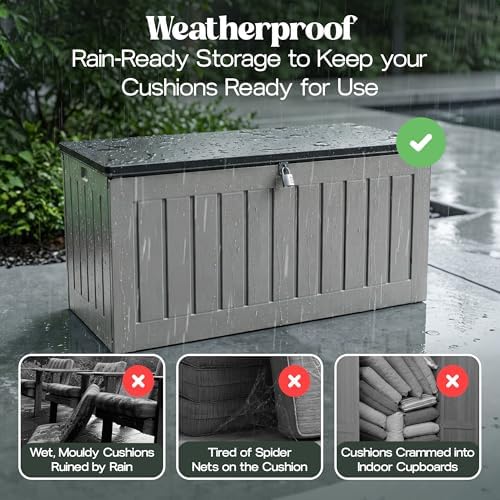 Olsen & Smith 830L Extra-Large Garden Storage Box & Bench Seat – Lockable, Waterproof Outdoor Storage Box with Lid for Cushions, Tools & Toys – Wood Effect Grey, 160 x 78 x 76cm