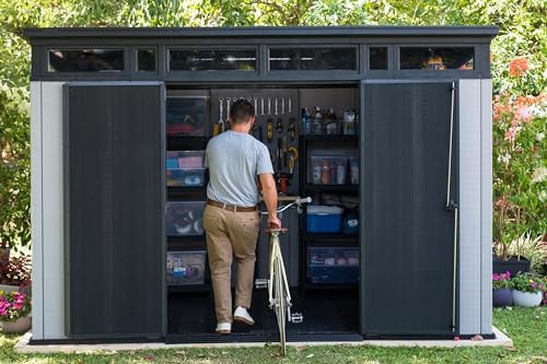 Keter Artisan 11x7 Modern Resin Outdoor Storage Shed Kit-Perfect to Store Patio Furniture, Garden Tools Bike Accessories, Beach Chairs and Lawn Mower, Grey & Black