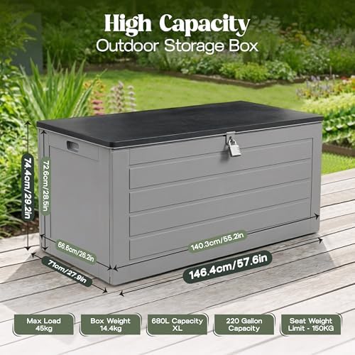 Olsen & Smith 830L Garden Cushion Storage Box & Bench – Waterproof Outdoor Storage for Patio Furniture Cushions, Seat Pads & Garden Throws – Wood Effect Grey, 160 x 78 x 76cm