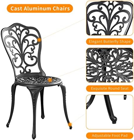 Patio Bistro Set 3 Piece Outdoor,Cast Aluminum Outdoor Bistro Table and Chair Set of 2 with 1.97" Umbrella Hole,All Weather Bistro Table Set for Front Porch Set(Butterfly Black)