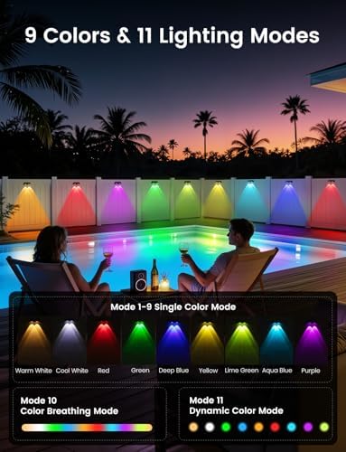 Solar Fence Lights Outdoor, 12 Pack Color-Changing Garden Lights Solar Powered IP65 Waterproof with 9 Colors & 11 Lighting Modes, Dusk to Dawn Solar Wall Lights for Fence, Patio, Deck Decor