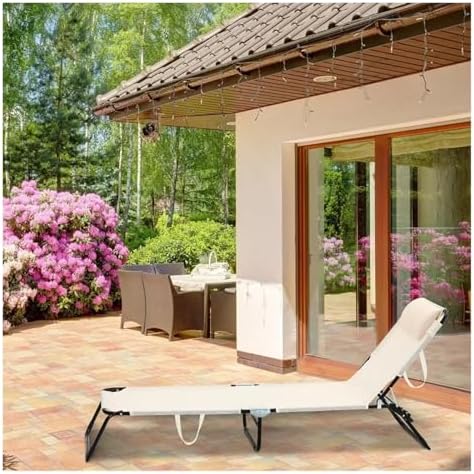 Lounge Folding Sun Lounger 2 Pack Folding Chaise Lounge Chairs Outdoor Adjustable Chair with Reclining Back Detachable Pillow Breathable Mesh Sun Lounger(Beige)