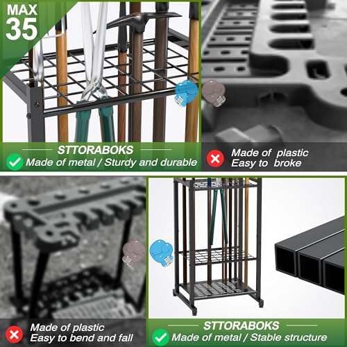 Sttoraboks Garden Tool Organiser, Yard Tool Tower Rack for Garage Organisation and Storage, up to 35 Long Handled Tools, Heavy Duty Steel Garden Tool Stand for Shed, Outdoor, Black