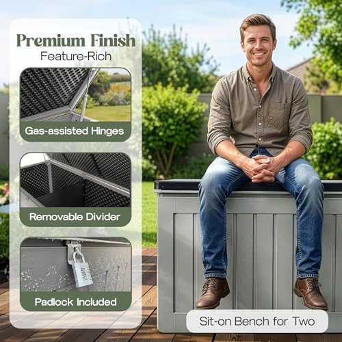 Olsen & Smith 830L Garden Cushion Storage Box & Bench – Waterproof Outdoor Storage for Patio Furniture Cushions, Seat Pads & Garden Throws – Wood Effect Grey, 160 x 78 x 76cm