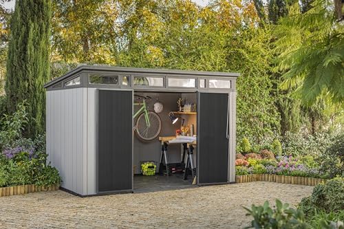 Keter Artisan 11x7 Modern Resin Outdoor Storage Shed Kit-Perfect to Store Patio Furniture, Garden Tools Bike Accessories, Beach Chairs and Lawn Mower, Grey & Black