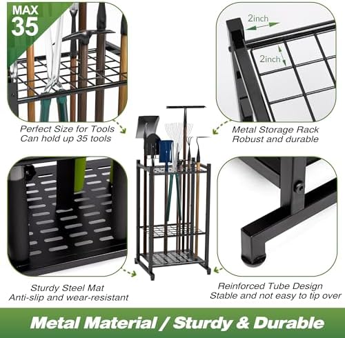 Sttoraboks Garden Tool Organiser, Yard Tool Tower Rack for Garage Organisation and Storage, up to 35 Long Handled Tools, Heavy Duty Steel Garden Tool Stand for Shed, Outdoor, Black