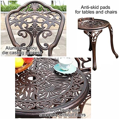 Patio Bistro Set w/Umbrella Hole - Outdoor Cast Aluminum Furniture Set 3 Piece Table and Chairs - Orchid Carving and Weather Resistant-Antique Bronze