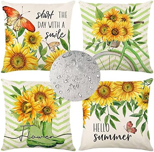 Pack of 4 Outdoor Cushion Waterproof Sunflower Cushion Covers 45x45cm Summer Garden Cushions Double sided Yellow Modern Throw Pillow Cover for Garden Patio Bench Sofa Outside Furniture 18x18inch-4975