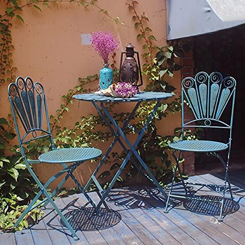 Indoor/Outdoor 3-Piece Peacock Feather Rustic Bistro Set - Metal Folding Round Table and Chair - All Weather Resistant Patio Furniture Set - Light Blue