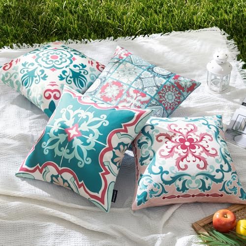 Phantoscope Set of 4 Outdoor Waterproof Throw Pillow Covers, Geometric, Decorative Boho Farmhouse Outdoor Pillows Cushion Case for Home Patio Furniture Tent Sunbrella, Teal/Pink 18x18 Inches