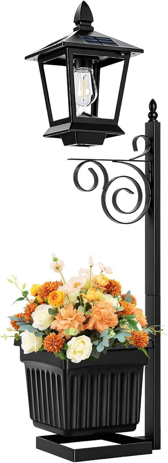 Solar Post Light - 2 in 1 Outdoor Solar Lantern with Flower Pot, Decorative Garden Lanterns for Patio Porch Backyard Lawn Deck Balcony Pathway Apartment, Waterproof LED Lighting for Night Use