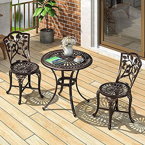 3 Piece Patio Bistro Table Set w/Leaf Design - Antique Finish Outdoor Cast Aluminum Furniture Set w/Umbrella Hole - Rust-Resistant Table and Chairs for Balcony Backyard Garden