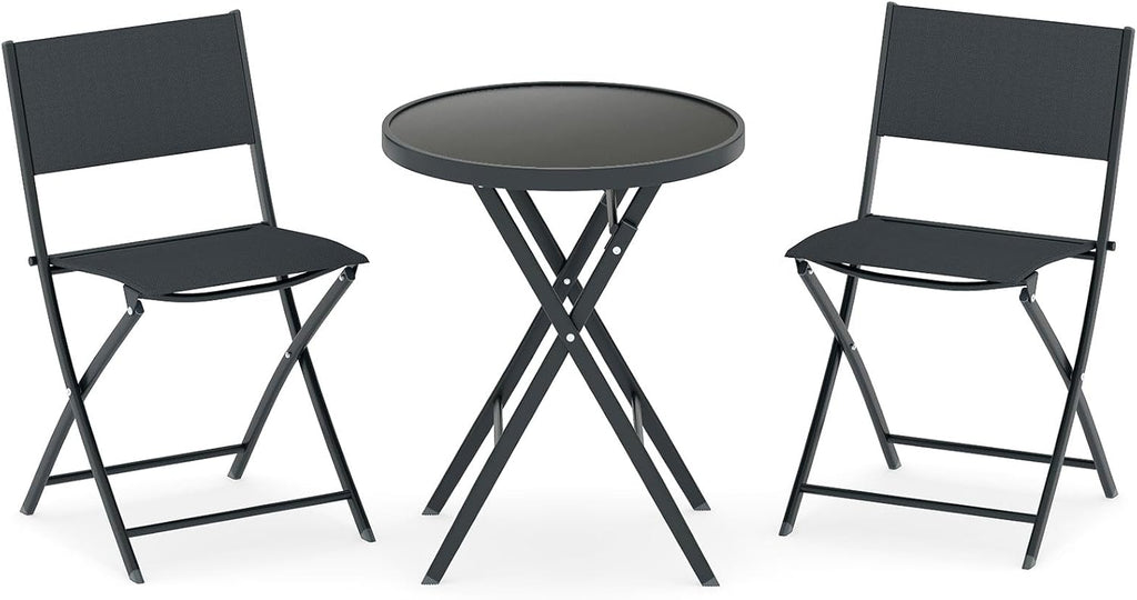 Folding Patio Bistro Set - Tempered Glass Round Table with 2 Fabric Chairs - Metal Frame Garden Dining Furniture for Outdoor Use