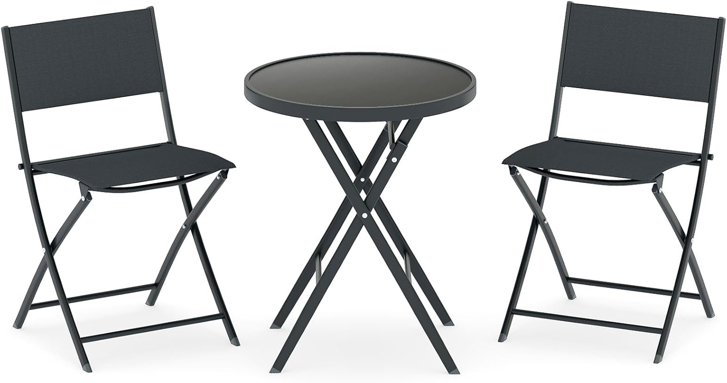 Folding Patio Bistro Set - Tempered Glass Round Table with 2 Fabric Chairs - Metal Frame Garden Dining Furniture for Outdoor Use