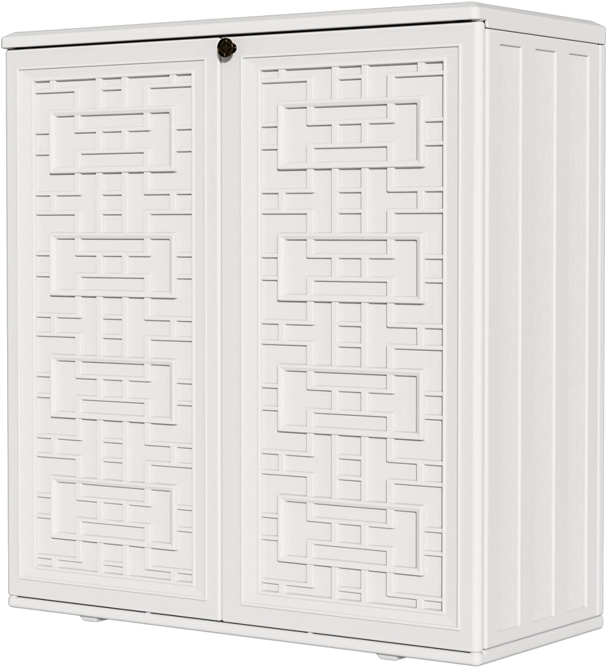 HOMSPARK Medium Resin Storage Cabinet Waterproof, 60-Gallon Indoor & Outdoor Deck Box for Garden Tools, kitchen Accessories, with 2 Laminate Shelves, (34 in. L x 15 in. W x 36 in. H, Light Beige)