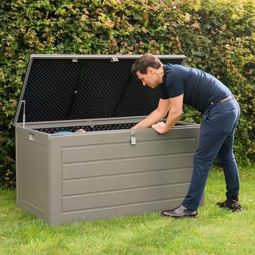 Olsen & Smith 680L XL Outdoor Garden Storage Box, Weatherproof Wood Effect Outdoor Storage Box, Lockable Large Storage Box with Lid, Padlock, Seat, Storage Boxes with Lids, Anthracite, 146 x 71 x 75cm