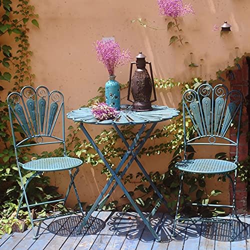 Indoor/Outdoor 3-Piece Peacock Feather Rustic Bistro Set - Metal Folding Round Table and Chair - All Weather Resistant Patio Furniture Set - Light Blue