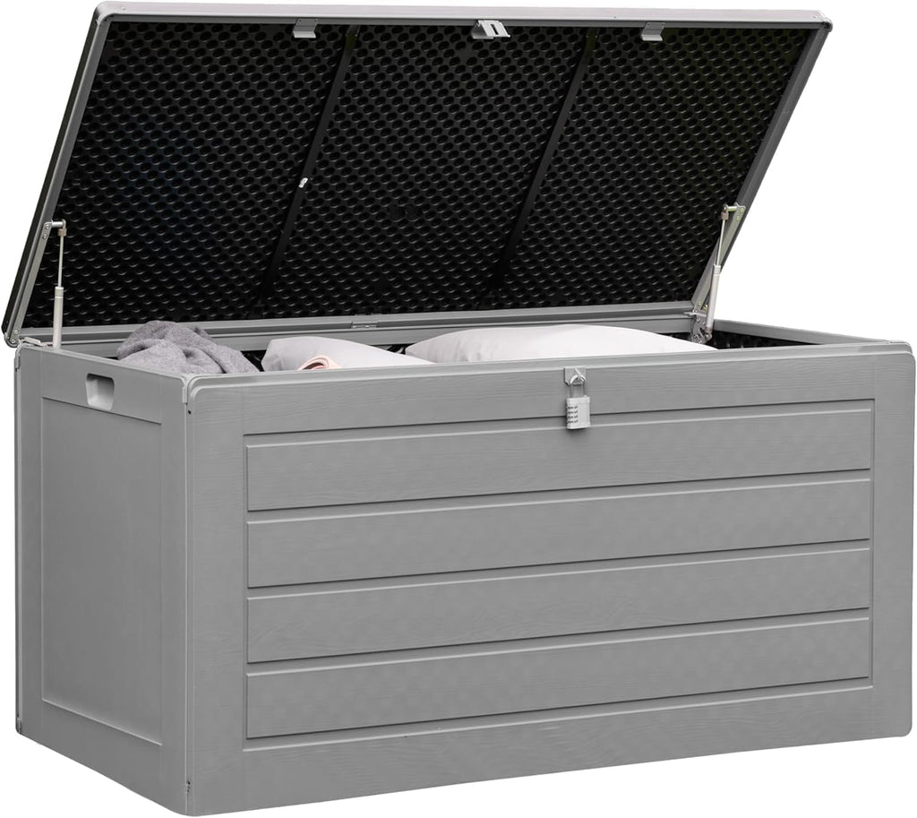 Olsen & Smith 680L XL Outdoor Garden Storage Box, Weatherproof Wood Effect Outdoor Storage Box, Lockable Large Storage Box with Lid, Padlock, Seat, Storage Boxes with Lids, Anthracite, 146 x 71 x 75cm