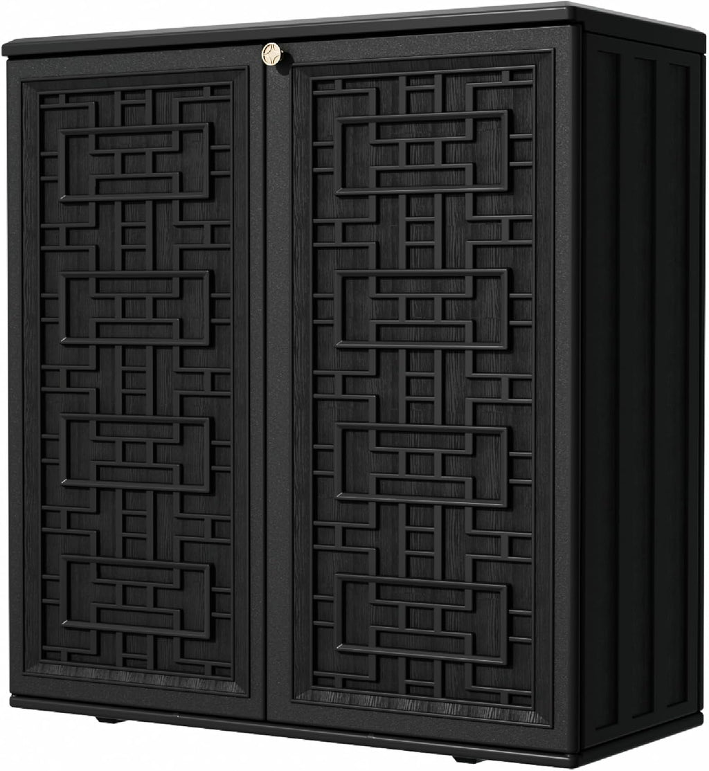 Mrosaa Outdoor Storage Cabinet Waterproof with Shelf,Resin Storage Sheds Outdoor Cabinets for tub towels/chemicals/grill items/Patio/Garden/Backyard, Size 34.3''L*15''W*36.2''H（Black）