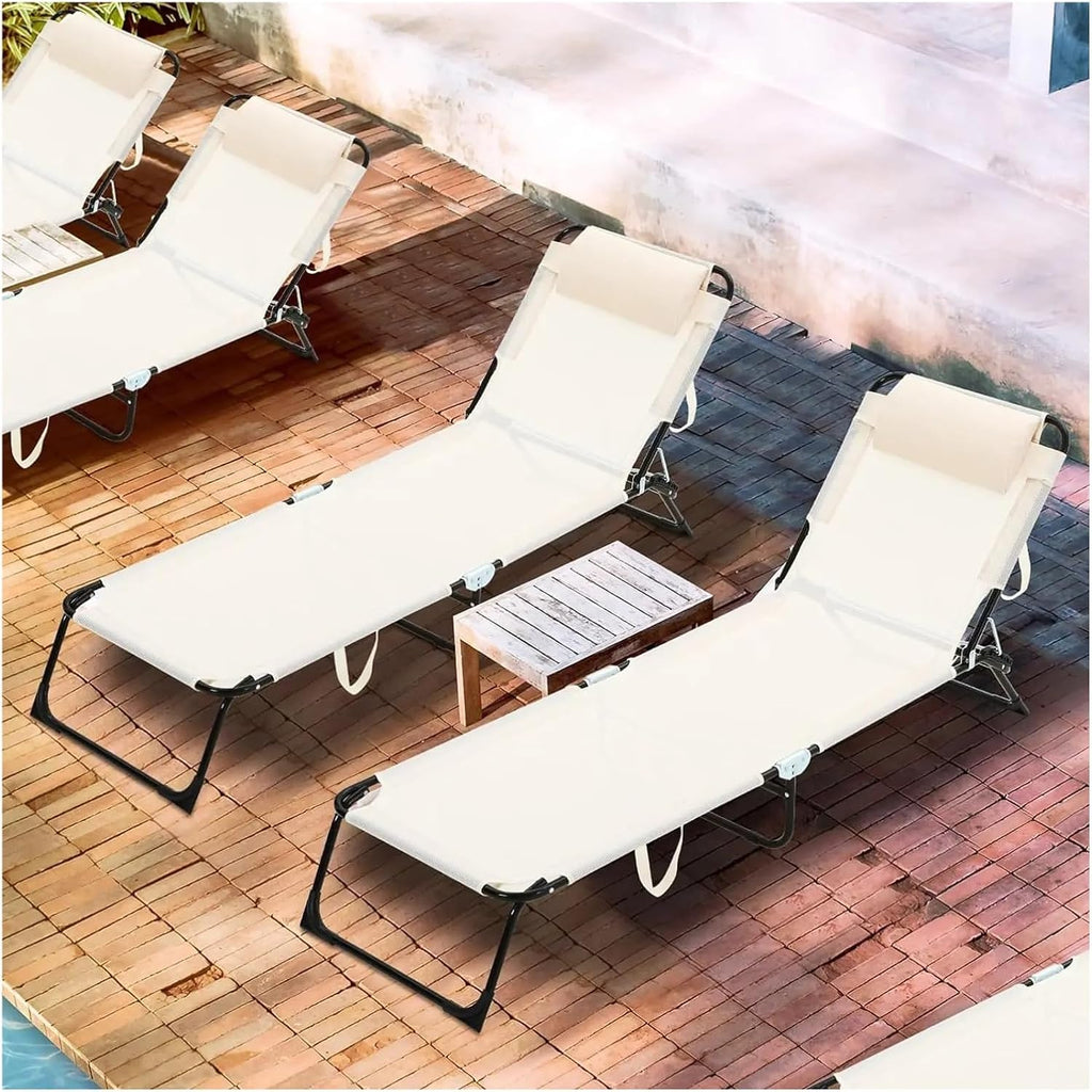 Lounge Folding Sun Lounger 2 Pack Folding Chaise Lounge Chairs Outdoor Adjustable Chair with Reclining Back Detachable Pillow Breathable Mesh Sun Lounger(Beige)