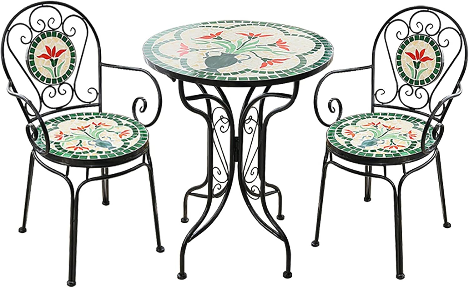 European Style Iron Art 3 Piece Bistro Set with Retro Stained Glass Mosaic Flower Pattern - Outdoor/Indoor Furniture Sets Armrest and Backrest Patio Table Chairs for Yard, Garden, Antique Green