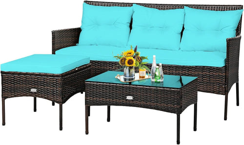 3 PCS Patio Rattan Furniture Set 3-Seat Sofa Cushioned Table Turqouise Suitable for Poolside, Backyard and Garden, Etc