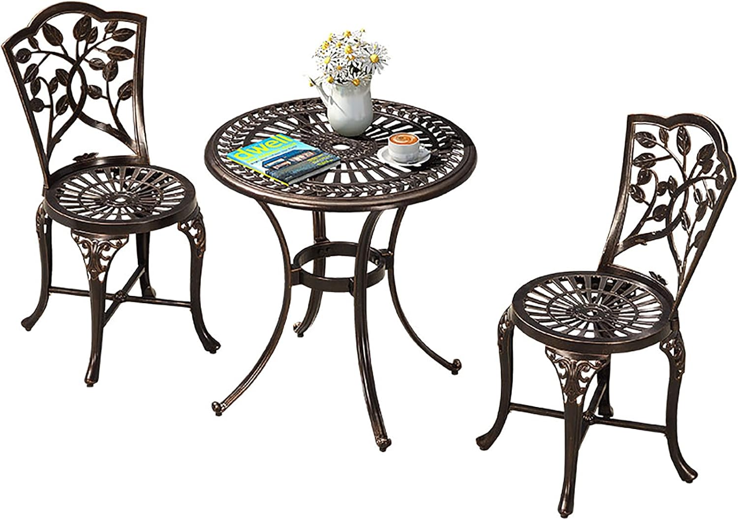 3 Piece Patio Bistro Table Set w/Leaf Design - Antique Finish Outdoor Cast Aluminum Furniture Set w/Umbrella Hole - Rust-Resistant Table and Chairs for Balcony Backyard Garden