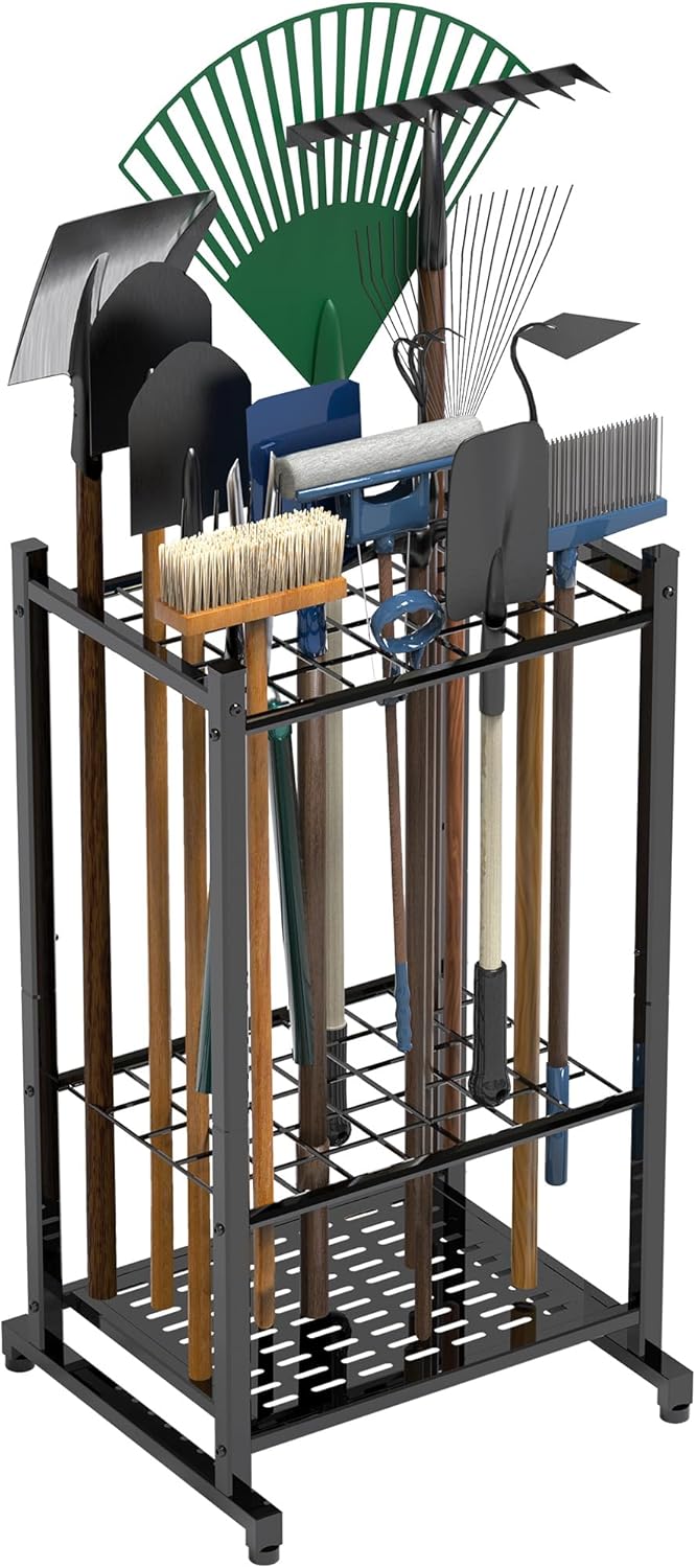 Sttoraboks Garden Tool Organiser, Yard Tool Tower Rack for Garage Organisation and Storage, up to 35 Long Handled Tools, Heavy Duty Steel Garden Tool Stand for Shed, Outdoor, Black