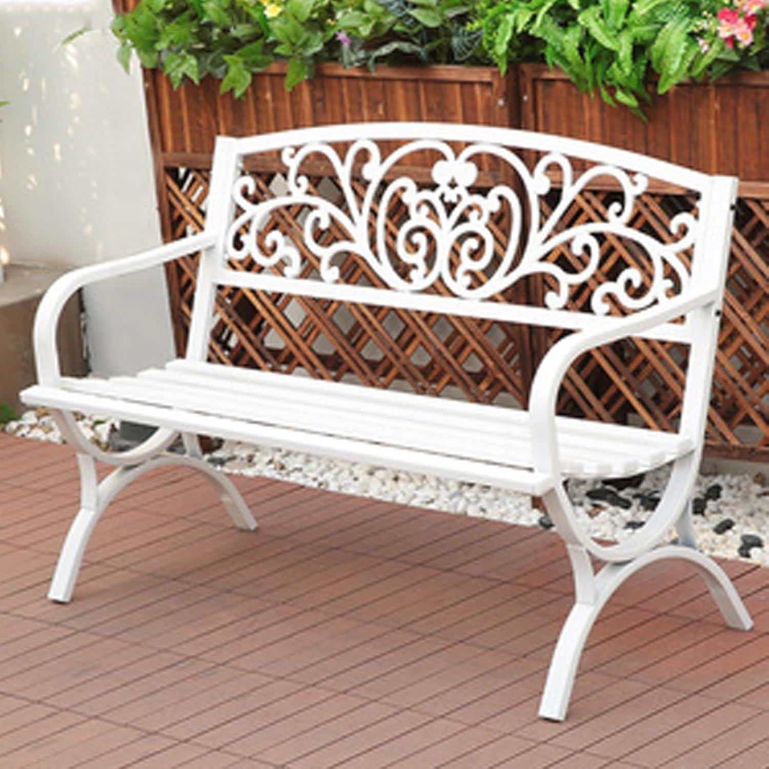 This Waterproof Metal Garden Bench with Cushions, Stylish 3-Seater Outdoor/Indoor Furniture for Patio, Balcony, and Terrace (Color: White A)