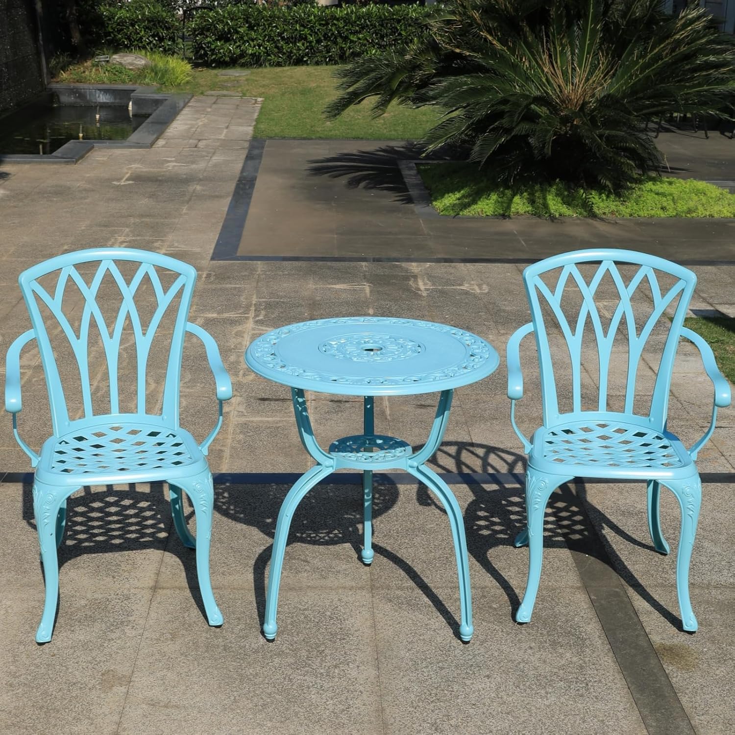KAILI 3 Piece Bistro Table Set Cast Aluminum Outdoor Patio Furniture with Chair with armrests (Light Blue)
