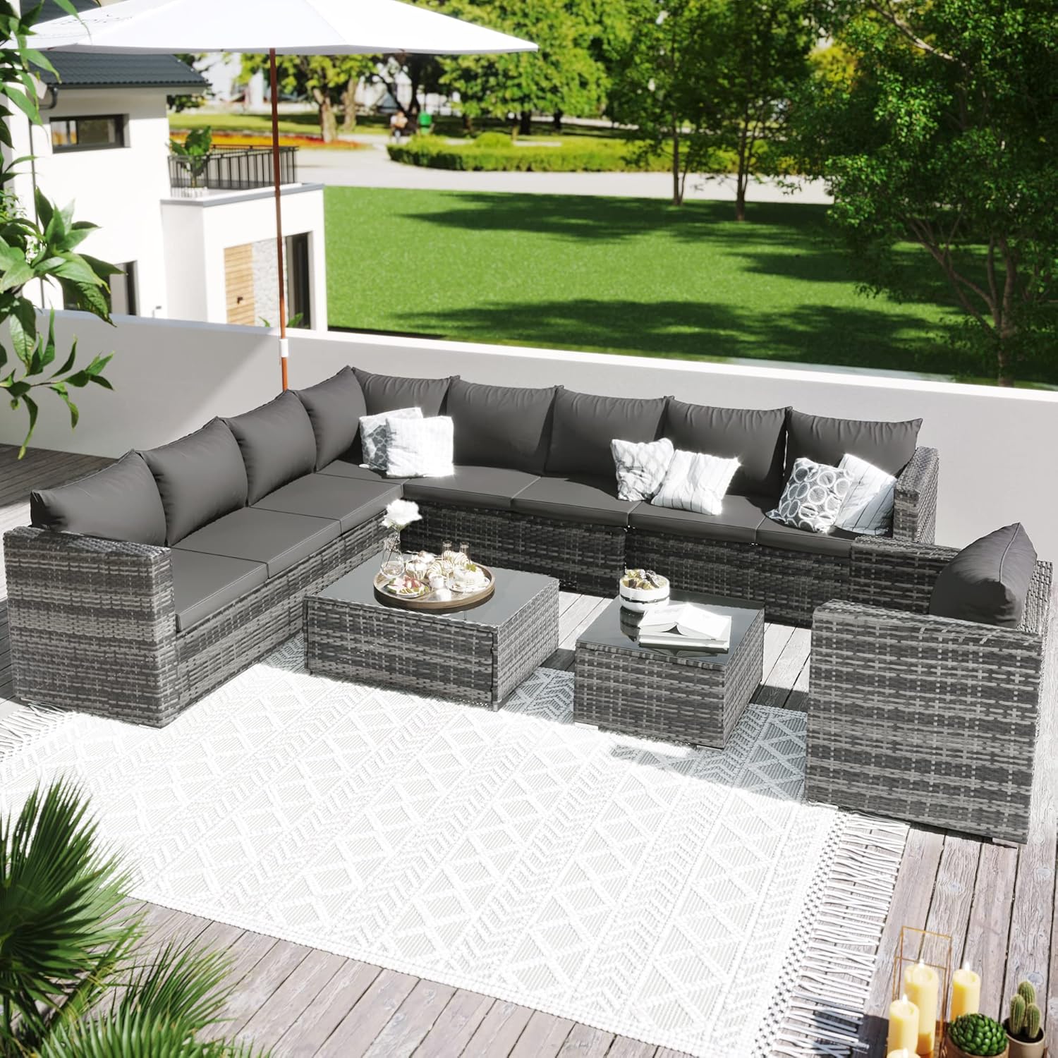 Topchances 9-seater Large Rattan Garden Corner Sofa Set, Outdoor Garden Furniture Set Patio Sofa Set with Coffee Table, Seat Cushions and Back Cushions
