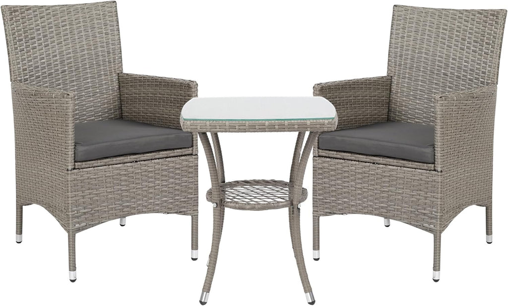 Outsunny 3 Pieces Rattan Bistro Set, Wicker Garden Furniture Set with 2-Tier Coffee Table and Chairs, Washable Cushions, for Outdoor Patio Balcony, Grey
